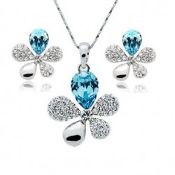  Platinum plated sky blue crystal flower pendant with earrings